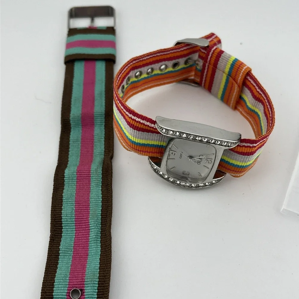 Swap Watch Women 32mm Silver Case 2 Interchangeable Canvas Bands-‎ New Battery